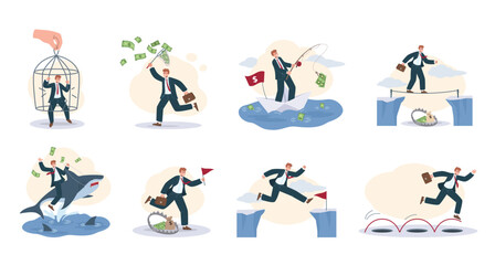Financial success and risk management. Businessman catching money, fishing for cash, riding aggressive market and jumping set