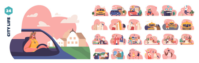 Set Depicting Various Scenes Of Modern City Life And Daily Activities. Vector Images Feature Cartoon People