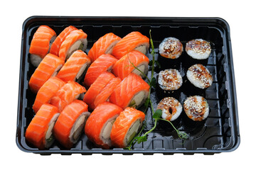 Sushi set in black box isolated on white background. Takeaway. Japanese sushi, philadelphia rolls.