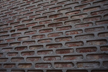 Seamless brick layers pattern wall background, Red uneven break texture backdrop, Artistic 3d layered brick pattern surface