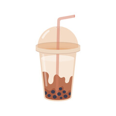 Bubble coffee, milk, tea isolated on white background. Plastic cup with drink and straw. Vector illustration.
