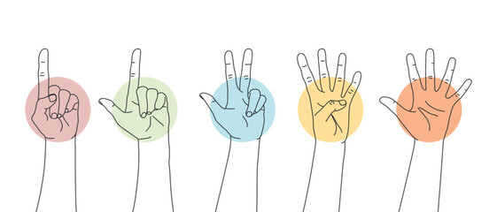 Set of outline hands counting numbers from one to five. Hand gestures. Vector illustration