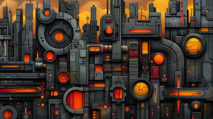 Abstract Futuristic Cityscape With Orange Glow and Geometric Shapes