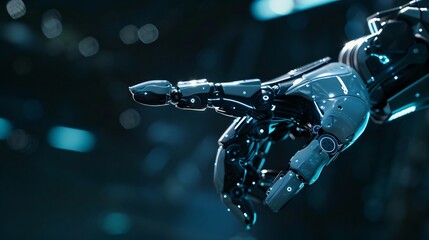 Close up of a android robot hand pointing to left side standing against dark background. High technology concept
