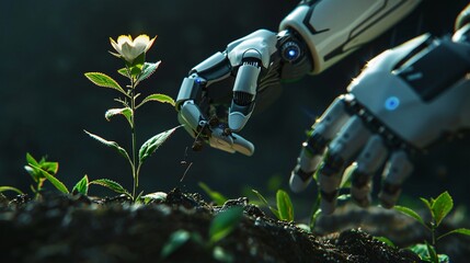 Close up shot of a android robot standing against dark background, trying to touch a beautiful small flower growing from soil