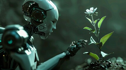 Close up shot of a android robot standing against dark background, trying to touch a beautiful small flower growing from soil