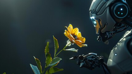 Close up shot of a robot trying to touch a beautiful yellow flower, standing against dark background