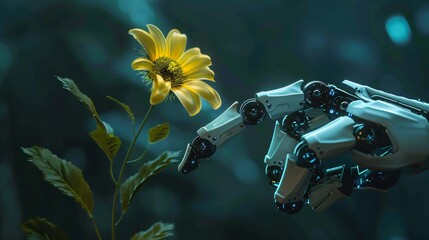 Close up shot of a robot trying to touch a beautiful small yellow flower, standing against dark background