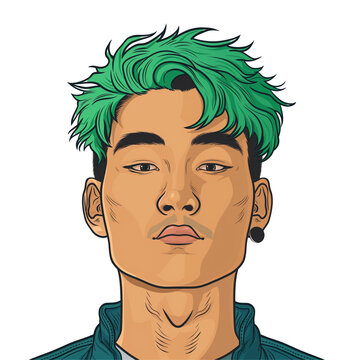recommend clip art: young asian man with green hair . png . clip art . vector cartoon art style . remove background 