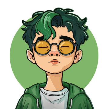 recommend clip art: young asian man with green hair wearing glasses . png . clip art . vector cartoon art style . remove background 