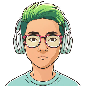 recommend clip art: young asian man with green hair wearing glasses and headphones. png . clip art . vector cartoon art style . remove background 
