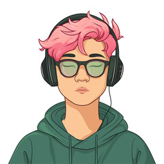 young asian man with pink hair wearing glasses and headphones. png . clip art . vector cartoon art style . remove background 