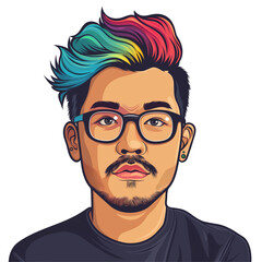 young asian man with red hair wearing glasses . png . clip art . vector cartoon art style . remove background 