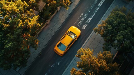 Aerial shot of yellow taxi driving in the road of the big city