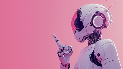 Close up shot of an android robot with left hand raised up standing against pink background, pointing to left side. High technology concept