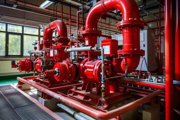 Naklejka premium Fire Pump. Industrial fire pump station. Automatic fire extinguishing system control system.