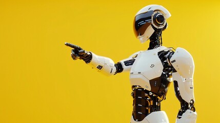 Close up shot of an android robot with left hand raised up standing against yellow background, pointing to left side. High technology concept