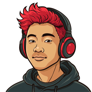 recommend clip art: young asian man with red hair wearing  headphones. png . clip art . vector cartoon art style . remove background 