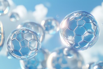 Naklejka premium Intricate blue and transparent spheres with inner structures, showcasing a high-tech and scientific representation of molecular compositions and research, Gernerative AI