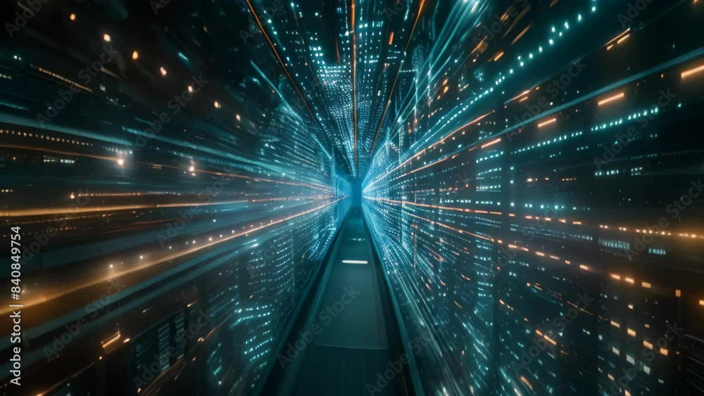Poster tunnel of lights creating a mesmerizing visual effect inside a room, a visualization of secure data 