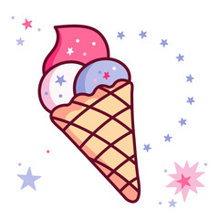 ice cream cone cute vector illustration, Balls in waffle cone, soft serve sundae. Vector elements for minimal summer design, sweet snack illustration or logo