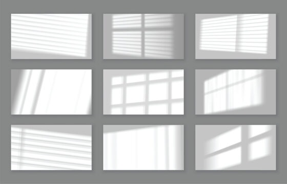 Realistic wall with gobo shadow. Window frame and blinds shadows cast on white studio background, lightning effect overlay vector set