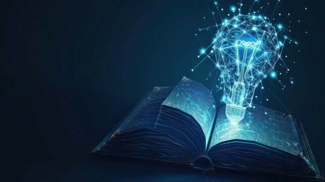 concept of education a idea light bulb low poly in the opening of an old book in blue dark background. business creative thinking with glowing wireframe