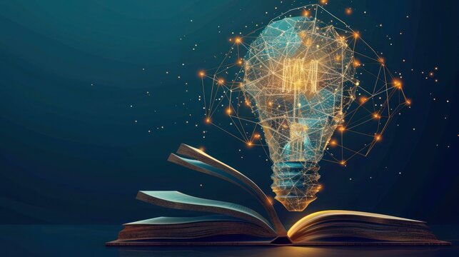 concept of education a idea light bulb low poly in the opening of an old book in blue dark background. business creative thinking with glowing wireframe
