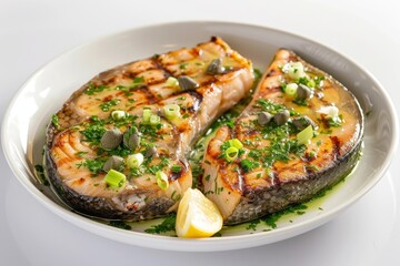 Caesar-Roasted Swordfish with Lemon Wedges and Fresh Herbs