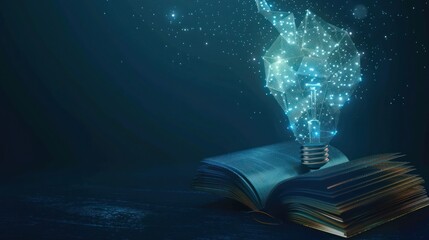 concept of education a idea light bulb low poly in the opening of an old book in blue dark background. business creative thinking with glowing wireframe