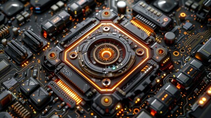 Fototapeta premium Glowing Orange Circuitry With Central Processor