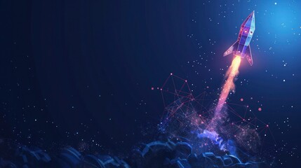 Business achievement to success concept with rocket launch low poly wireframe on blue background