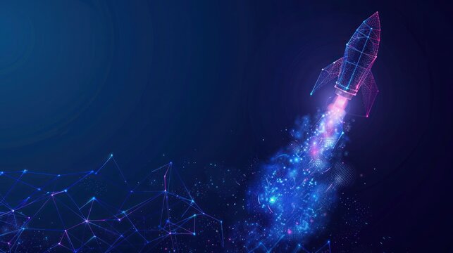 Business achievement to success concept with rocket launch low poly wireframe on blue background