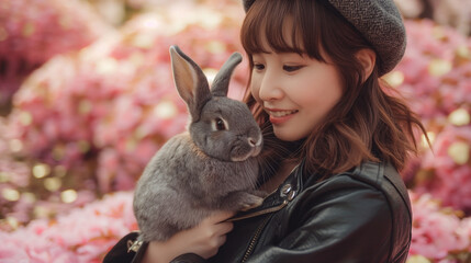 Japanese woman in a black leather jacket and ivy cap holding a gorgeous grey rabbit in a beautiful enchanted Sakura 
