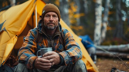 Obraz premium Man Sitting Inside Tent in Woods Portrait