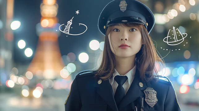 Japanese Cosplayer woman in a police uniform,standing alone and posing with her hat, with a Tokyo night background 