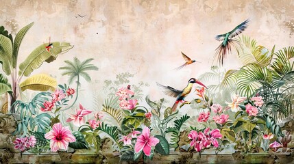 Tropical wallpaper design with paper texture background. Illustration with tropical leaves, flowers and hummingbird. Seamless texture. AI generated illustration