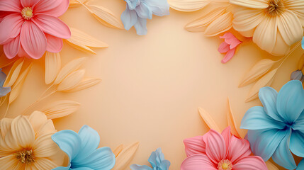Obraz premium Wallpaper, background of yellow, pink and blue flowers on yellow background, free space for text in the middle.