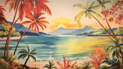 Tropical sunset beach landscape watercolor painting