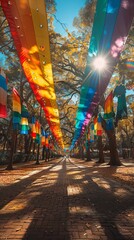 Fototapeta premium A street decorated with many rainbow flags symbolizing the LGBTQ+ community, creating an atmosphere of celebration and support leading up to or during the Pride Parade.