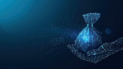 Business and finance concept with hand and money bag low poly wireframe on blue background