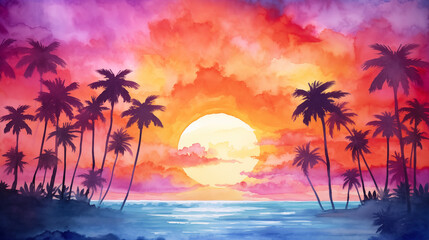 Obraz premium A watercolor painting depicting a beautiful sunset over a tropical beach