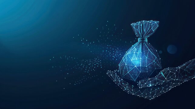 Business and finance concept with hand and money bag low poly wireframe on blue background