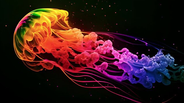 Bright rainbow jellyfish floating in a dark ocean. Magical Luminescent Jellyfish, Black Background of Jelly fish. Neon rainbow floating in sea 4k video fantasy
