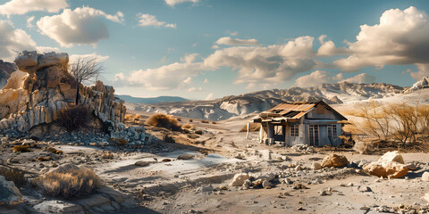 Imagen de un paisaje del desierto con una casa abandonada al atardecer 
