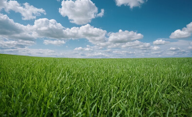 Obraz premium Panoramic Natural Landscape Green Grass Field, Blue Sky, and Mountains in Background, Summer Spring Meadow