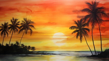 Watercolor sunset over tropical beach landscape