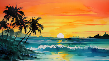 Watercolor painting of a serene tropical beach scene at sunset