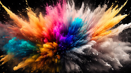 Fototapeta premium Abstract explosion of colored colored powder isolated on dark background, top view art illustration design