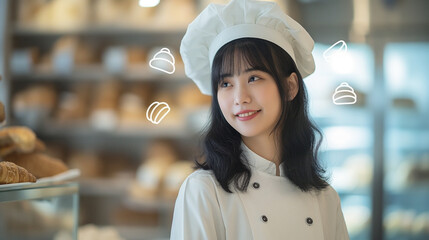 Thai woman in a white patisserie suit , standing alone in a small bakery shop , A few hand-drawn bread and croissant symbols are floating around her